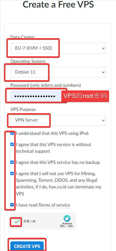 Hax Create VPS input location operating system password