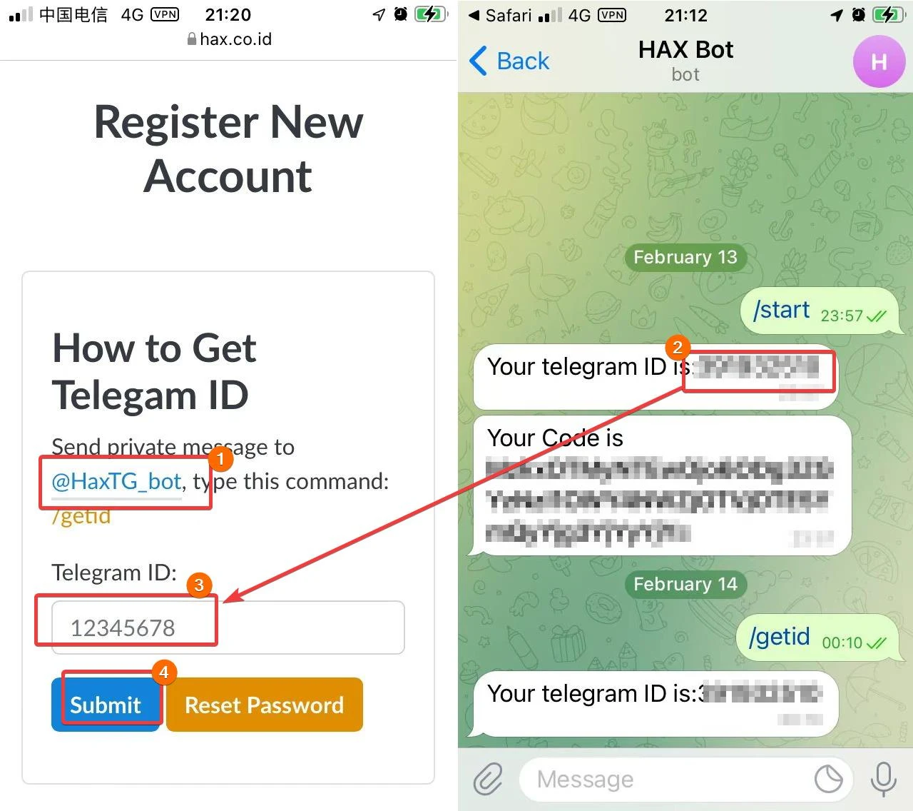 Hax register account input Telegram ID
