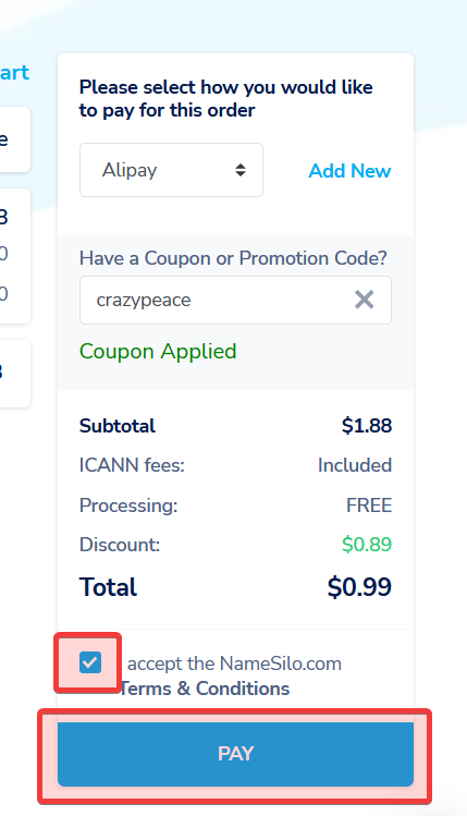 namesilo 购买域名 付款