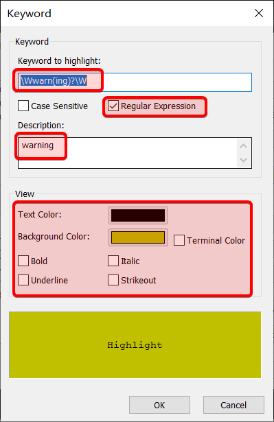 Xshell 设置高亮显示项 - 关键字 - 正则表达式 - 描述 - 显示式样 Keyword - Reg Exp - Description - View