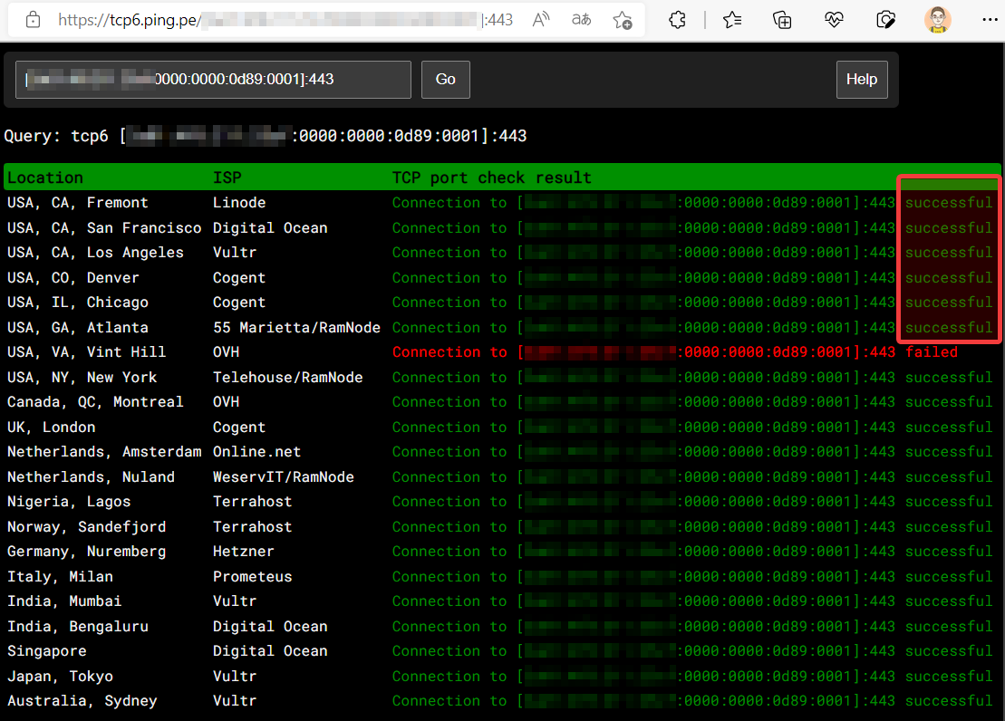 Use tcp.ping.pe to test IP Address : Port